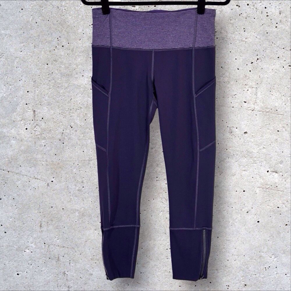Lululemon Rebel Runner Crop Legging Womens Size 8 Black Grape Stripe Ankle Zip